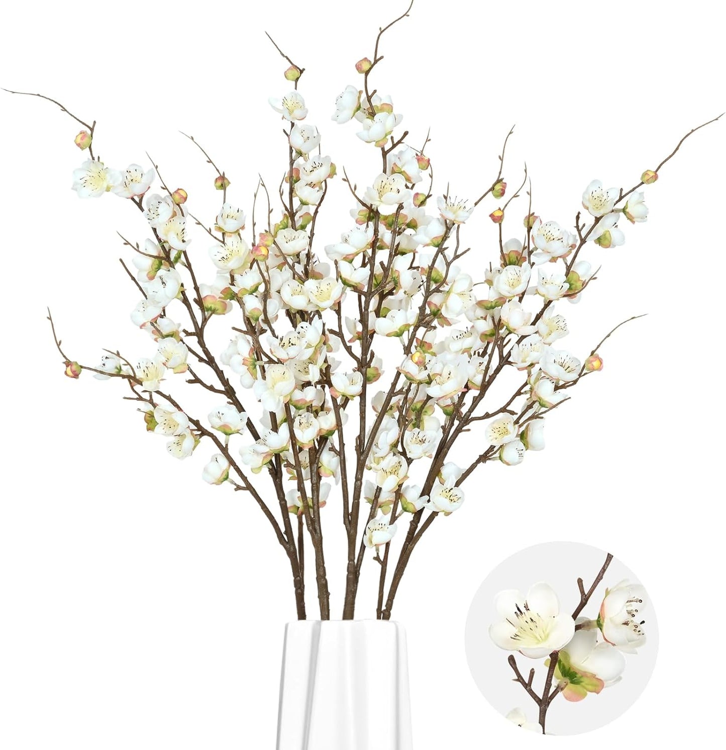 Waipfaru 4 Pcs Faux Cherry Blossom Branches, 36'' Cherry Blossom Tree Decor with Long Stems, Artificial Flowers for Tall Vases Spring Home Decoration (White)