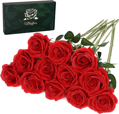 Waipfaru Valentines Day Decor, Real Touch Flowers, Fake Red Roses Artificial Flowers with Long Stems for Wedding Bouquet Floral Arrangements