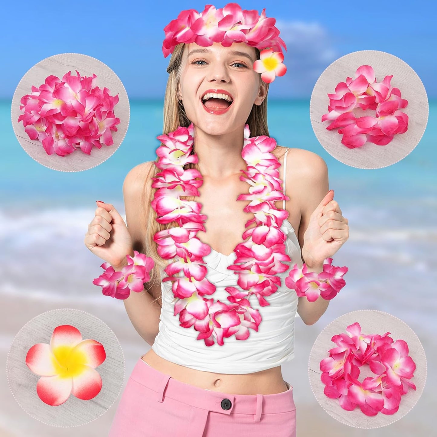 Waipfaru Hawaiian Leis for Luau Party, 5 Pcs Lays Necklace Hawaiian Accessories, Luau Outfits for Women Girls, Flower Leis for Graduation Party Favors Supplies Decorations (Pink)