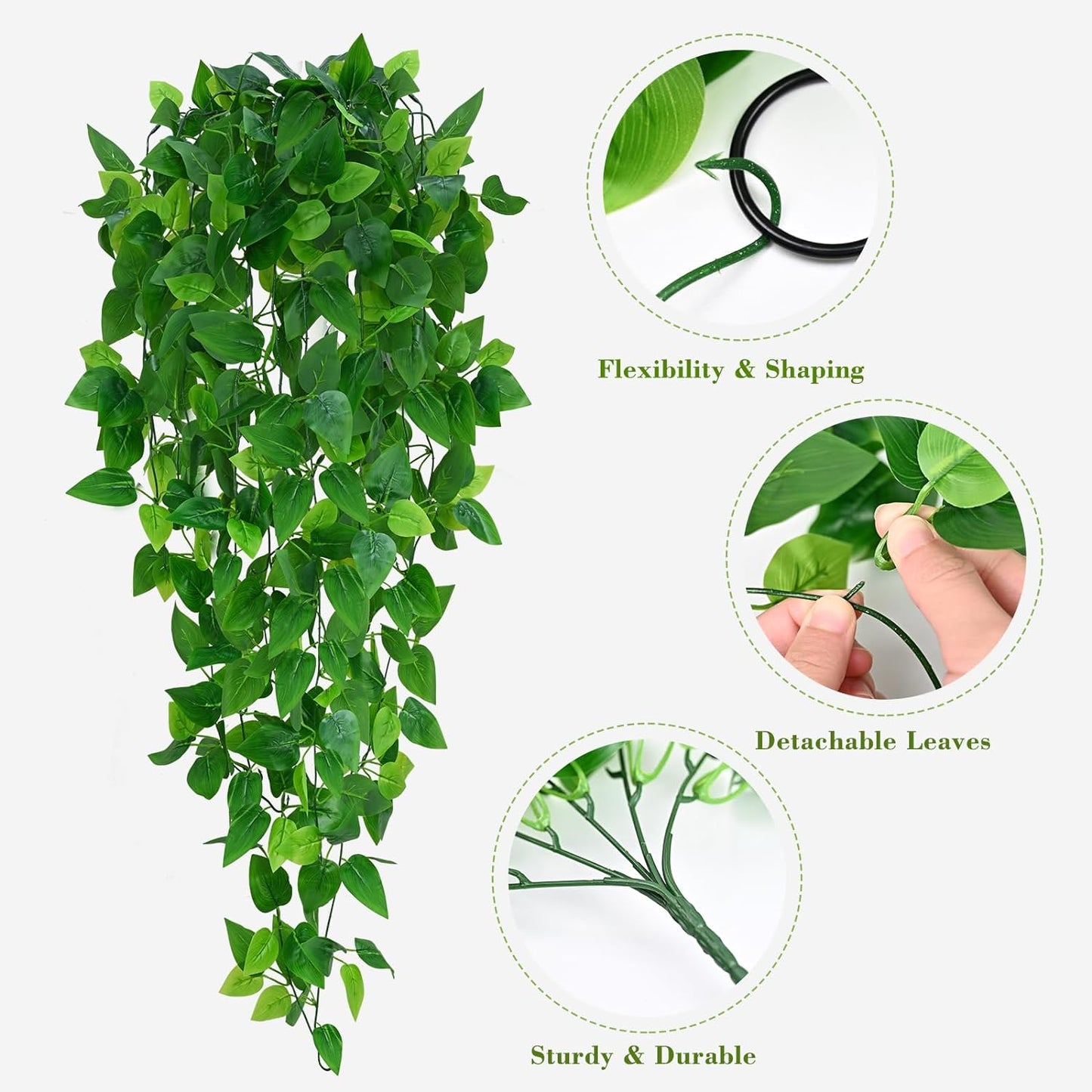 Waipfaru 2pcs Artificial Hanging Plants, 3.6FT Fake Hanging Plants, Fake Ivy Vines with Full Leaves, Faux Hanging Greenery Pothos for Wall Room Bathroom Indoor Outdoor Home Shelf Office Decor