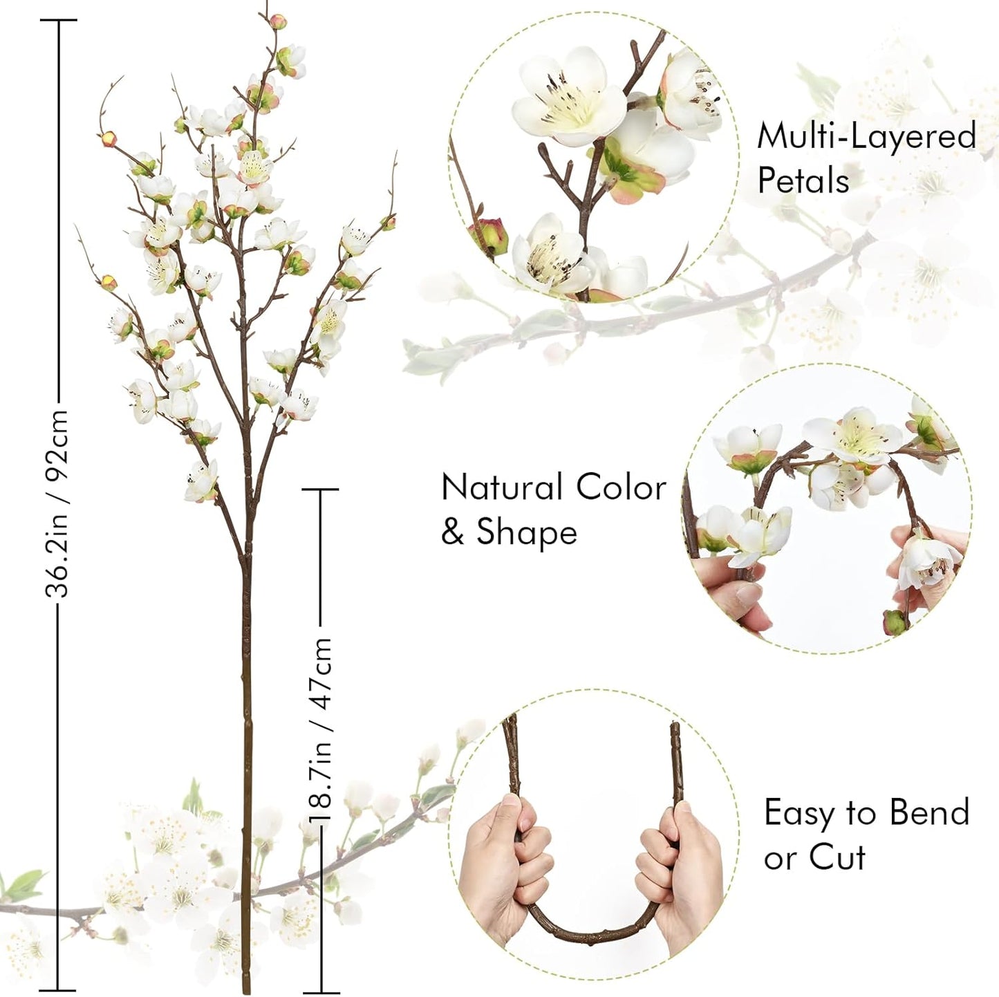 Waipfaru 4 Pcs Faux Cherry Blossom Branches, 36'' Cherry Blossom Tree Decor with Long Stems, Artificial Flowers for Tall Vases Spring Home Decoration (White)