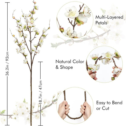 Waipfaru 4 Pcs Faux Cherry Blossom Branches, 36'' Cherry Blossom Tree Decor with Long Stems, Artificial Flowers for Tall Vases Spring Home Decoration (White)