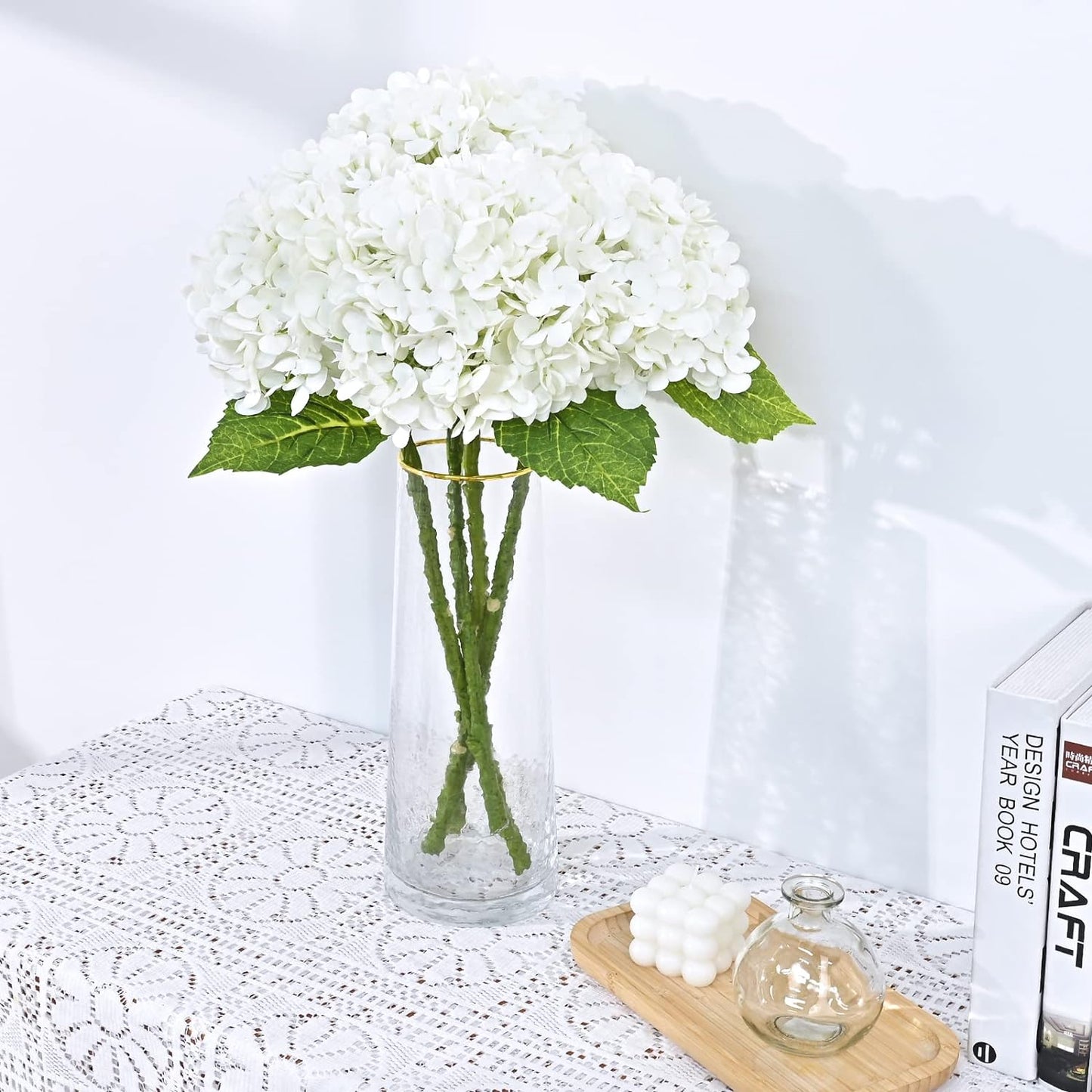 Waipfaru 21" Real Touch White Hydrangea Artificial Flowers with Long Stem & Leaves, Full Latex Faux Hydrangea Flowers for Home Decor Party Floral Arrangements Wedding Bouquets Centerpieces, 3Pcs