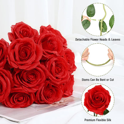 Waipfaru 8 Pcs Fake Red Roses Artificial Flowers Bulk, Real Touch Silk Faux Roses with Long Stems for Wedding Bouquet Vase Flower Arrangement (Red)