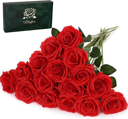 Waipfaru Valentines Day Decor, Real Touch Flowers, Fake Red Roses Artificial Flowers with Long Stems for Wedding Bouquet Floral Arrangements