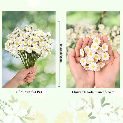 Waipfaru Fake White Flowers, 4 Bouquet/24 Pcs Daisy Flowers Artificial, 10 Inch Fake Daisies Outdoor Plants, Spring Wild Flowers for Wedding Daisy Party Decorations (White)