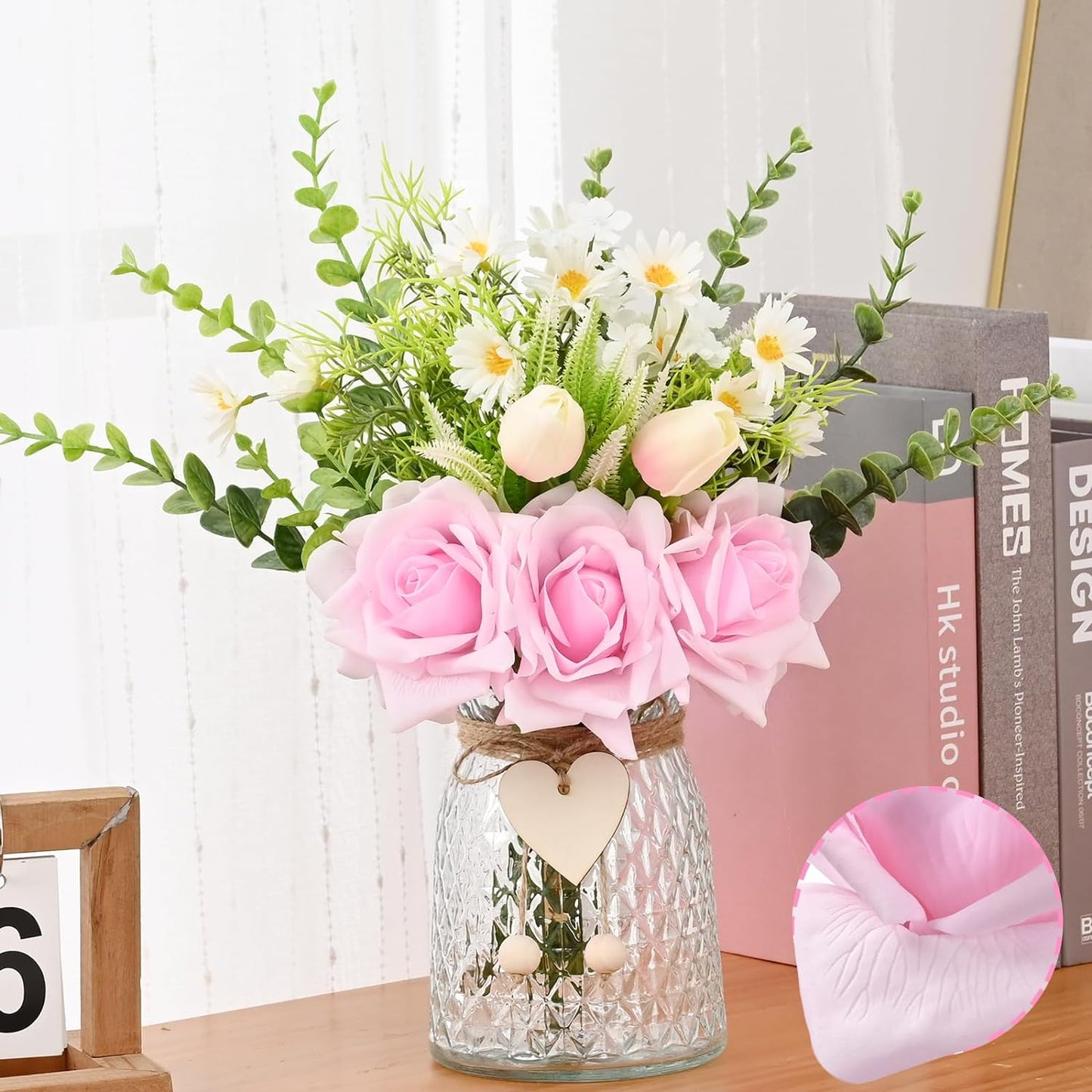 Waipfaru Fake Flowers in Vase, Pink Real Touch Roses Artificial Flowers with Vase, Faux Flowers in Vase, Flower Arrangement for Home, Bathroom, Office Decor, Dining Table Centerpiece