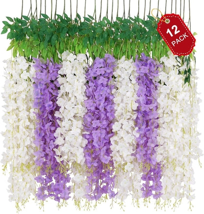 Waipfaru 12 Pack Wisteria Hanging Flowers, 3.6 Feet/Pcs Pink Wisteria Artificial Flowers, Fake Wisteria Flowers Garland, Hanging Wisteria Vines for Bedroom Wedding Home Party Wall Decoration