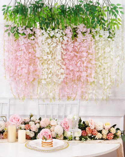 Waipfaru 12 Pack Wisteria Hanging Flowers, 3.6 Feet/Pcs Pink Wisteria Artificial Flowers, Fake Wisteria Flowers Garland, Hanging Wisteria Vines for Bedroom Wedding Home Party Wall Decoration