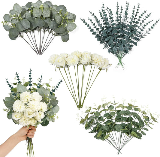 60 Pcs 5 Kinds Artificial Eucalyptus Stems and Faux Flowers, Mixed Fake Eucalyptus Stems Leaves Bulk, Silver Dollar Eucalyptus Greenery Stems for Wedding Decor Vase Floral Arrangement Centerpiece